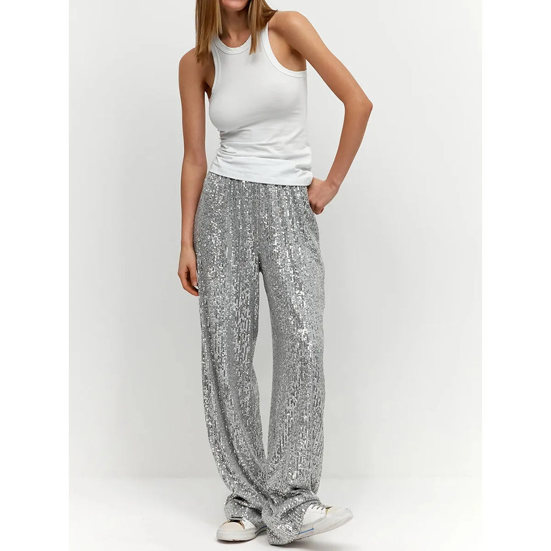 Silky Smooth Sequin Trousers - Luna-Silver-36-Nora Luxe