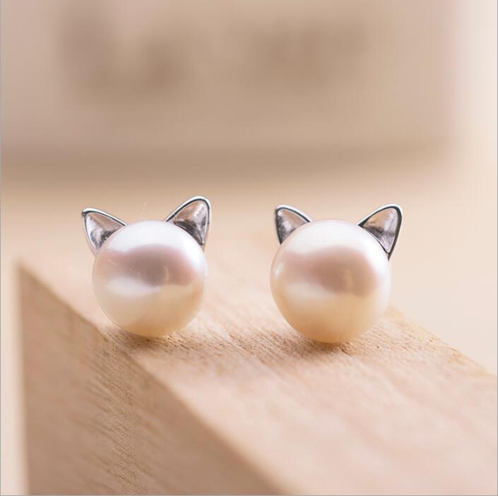 Silver Cat Ear Earrings with Natural Pearls - Selia-Nora Luxe