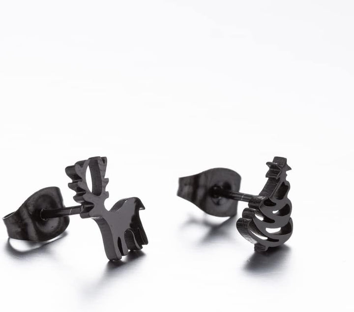 Silver Christmas Stud Earrings | Festive Women's Jewellery-CHRISTMAS TREE / REINDEER-BLACK-Nora Luxe