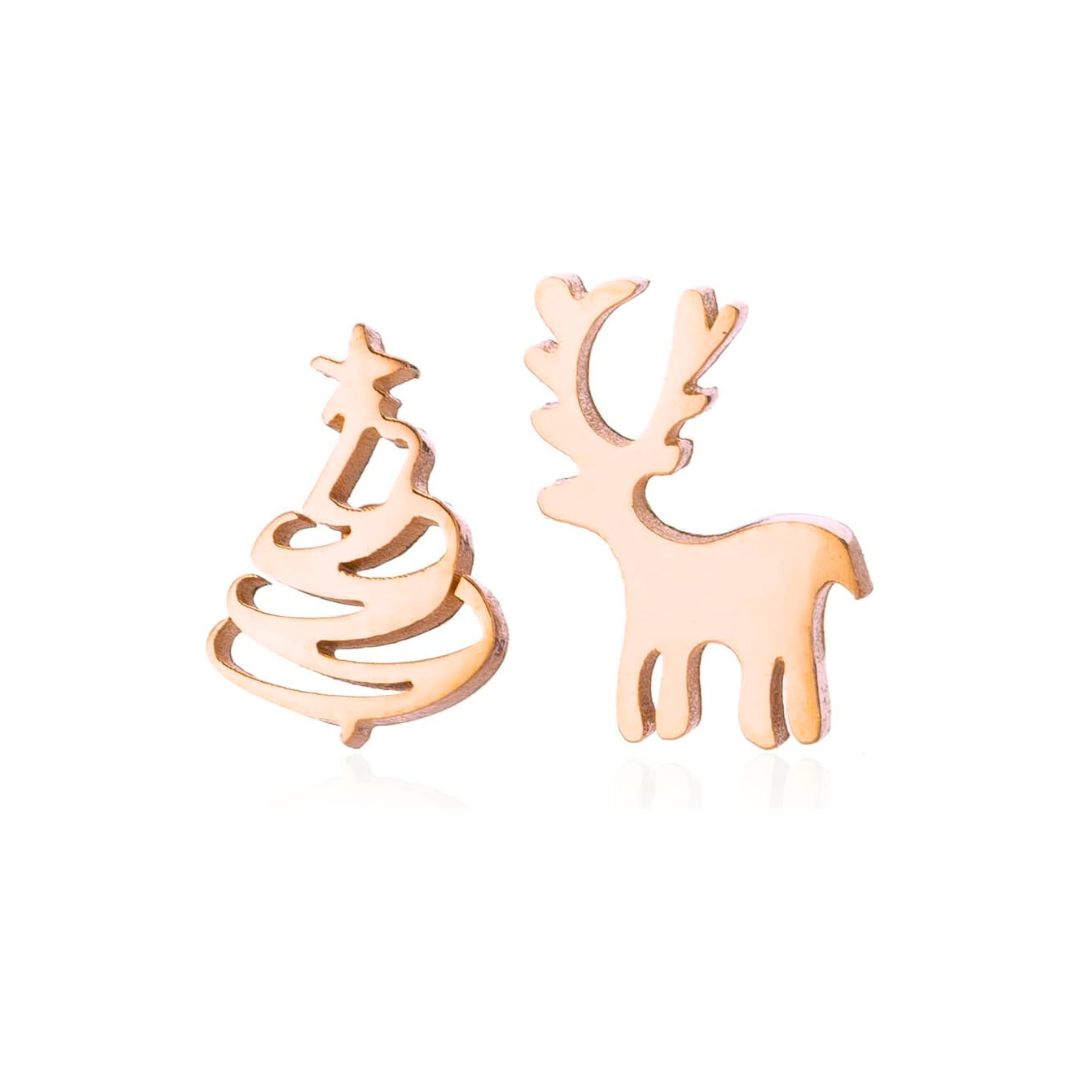 Silver Christmas Stud Earrings | Festive Women's Jewellery-CHRISTMAS TREE / REINDEER-ROSE GOLD-Nora Luxe