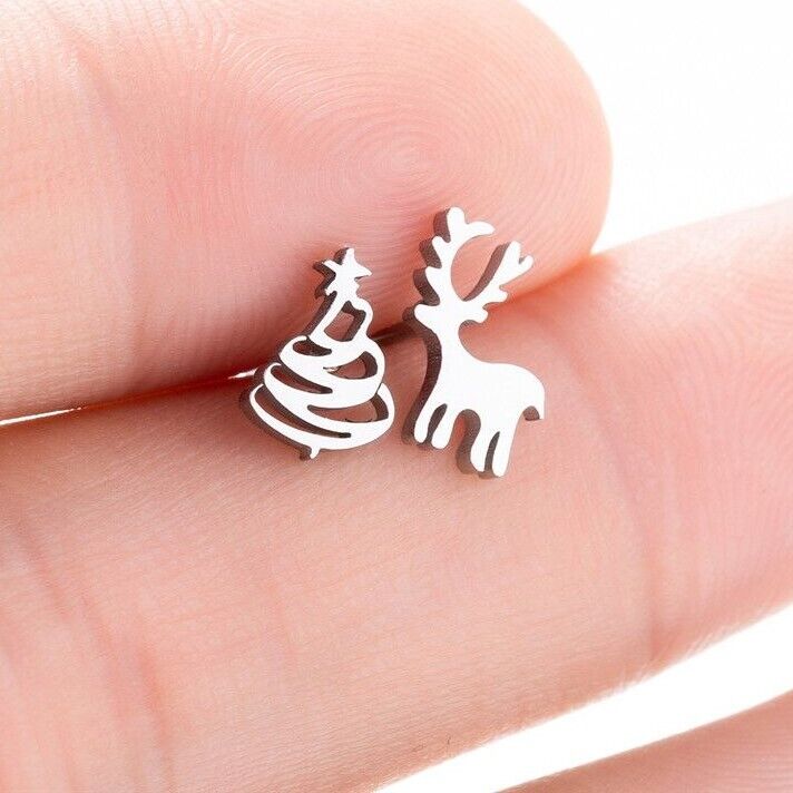 Silver Christmas Stud Earrings | Festive Women's Jewellery-CHRISTMAS TREE / REINDEER-SILVER-Nora Luxe