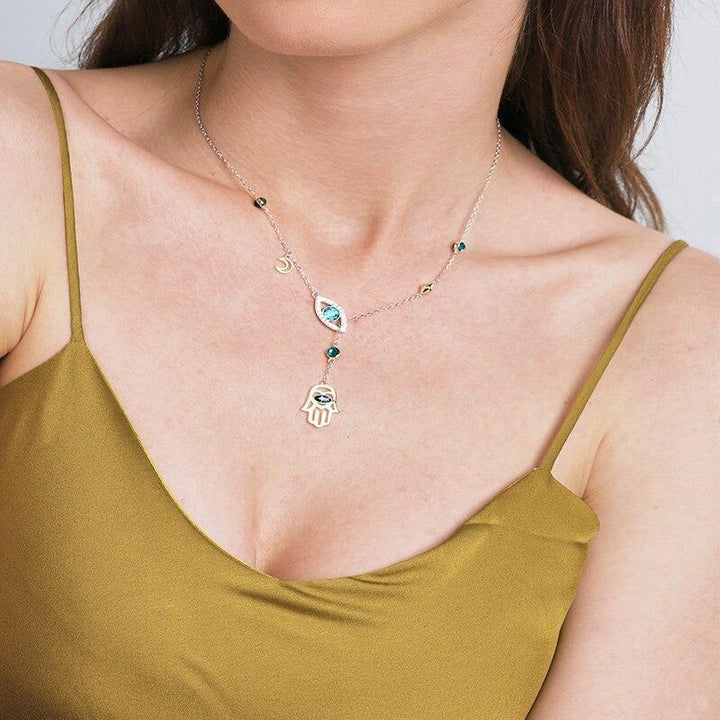 Silver Hamsa Crystal Necklace - Nayomi-Nora Luxe