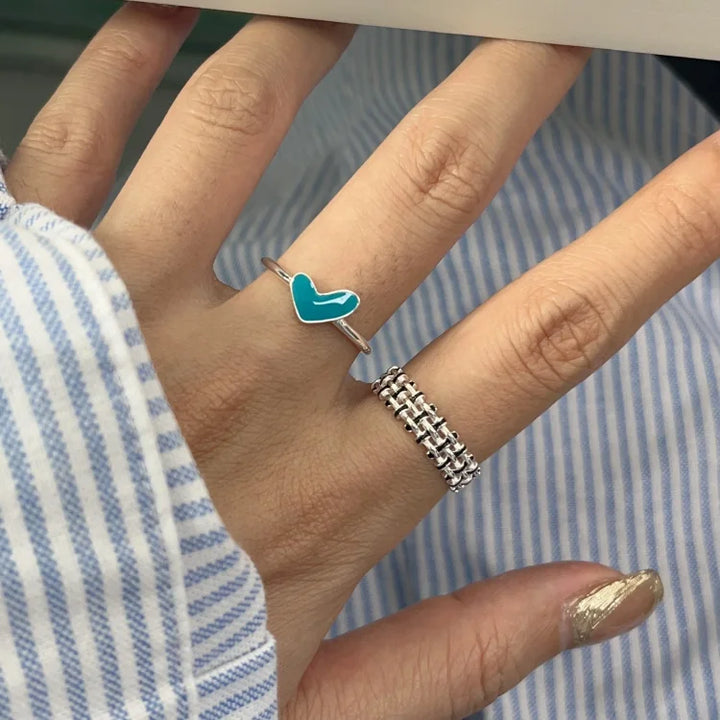 Silver Heart Ring with Blue Drop Detail - Ameline-Nora Luxe