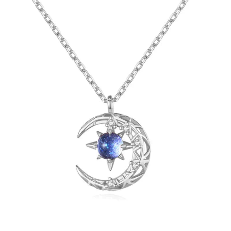 SILVER NECKLACE WITH HALF MOON AND STAR PENDANT-Silver-Nora Luxe