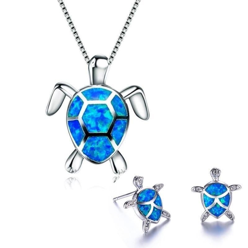 Silver Sea Turtle Necklace and Earring Set - Marinella-Blue-Nora Luxe