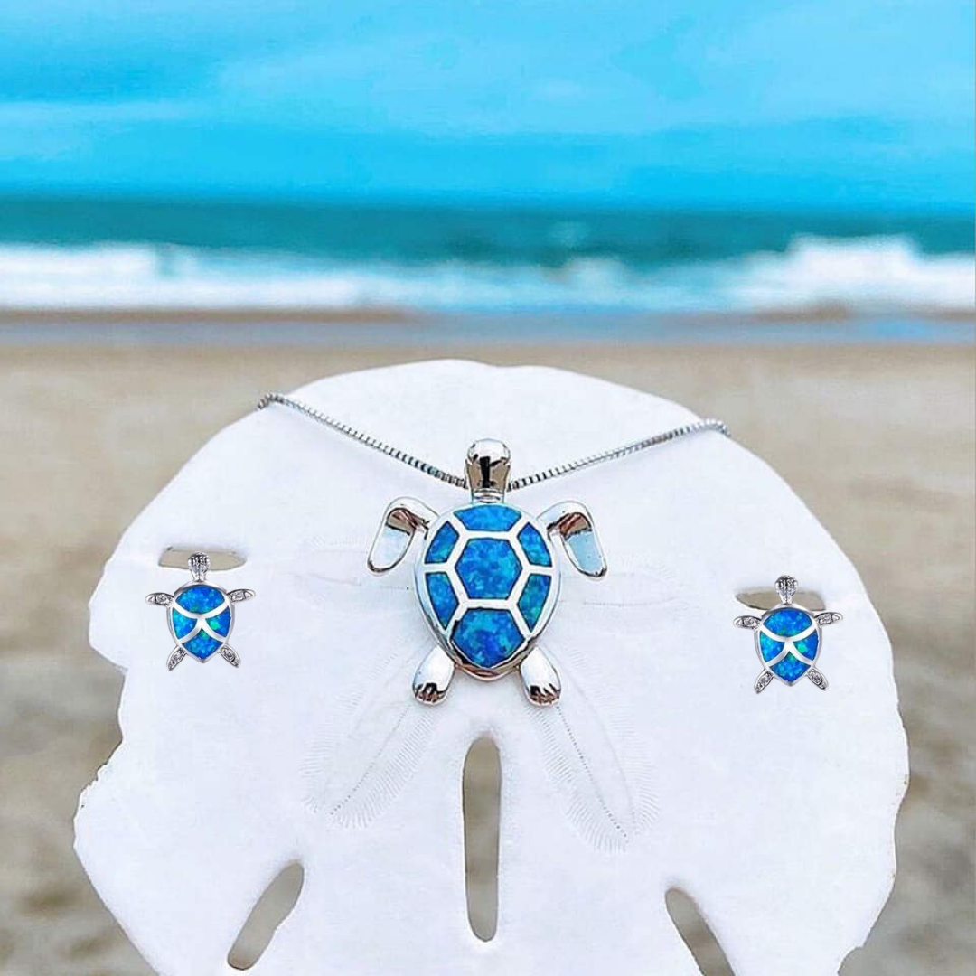 Silver Sea Turtle Necklace and Earring Set - Marinella-Blue-Nora Luxe