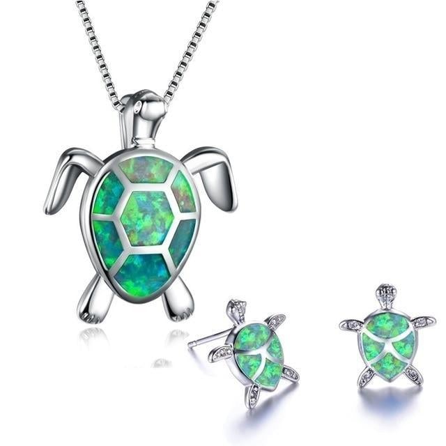 Silver Sea Turtle Necklace and Earring Set - Marinella-Groen-Nora Luxe