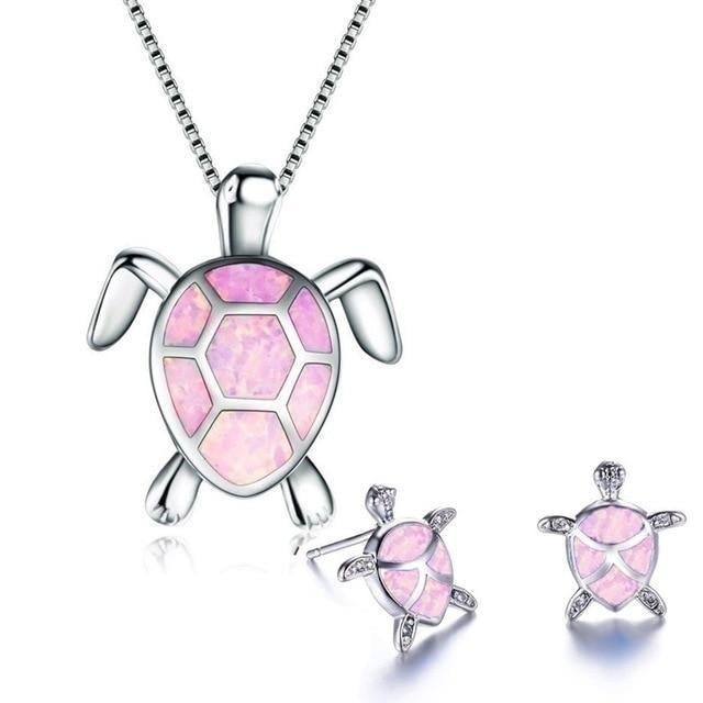 Silver Sea Turtle Necklace and Earring Set - Marinella-Pink-Nora Luxe