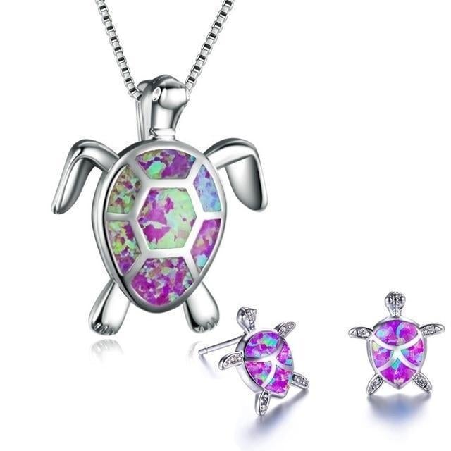 Silver Sea Turtle Necklace and Earring Set - Marinella-Purple-Nora Luxe