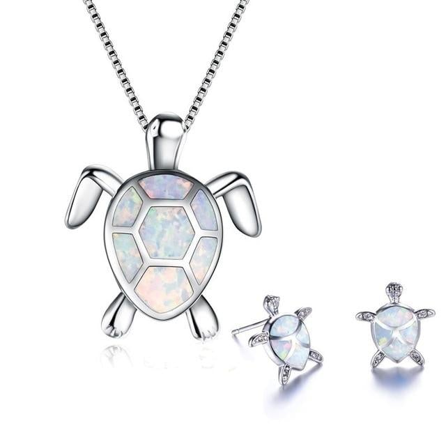 Silver Sea Turtle Necklace and Earring Set - Marinella-White-Nora Luxe