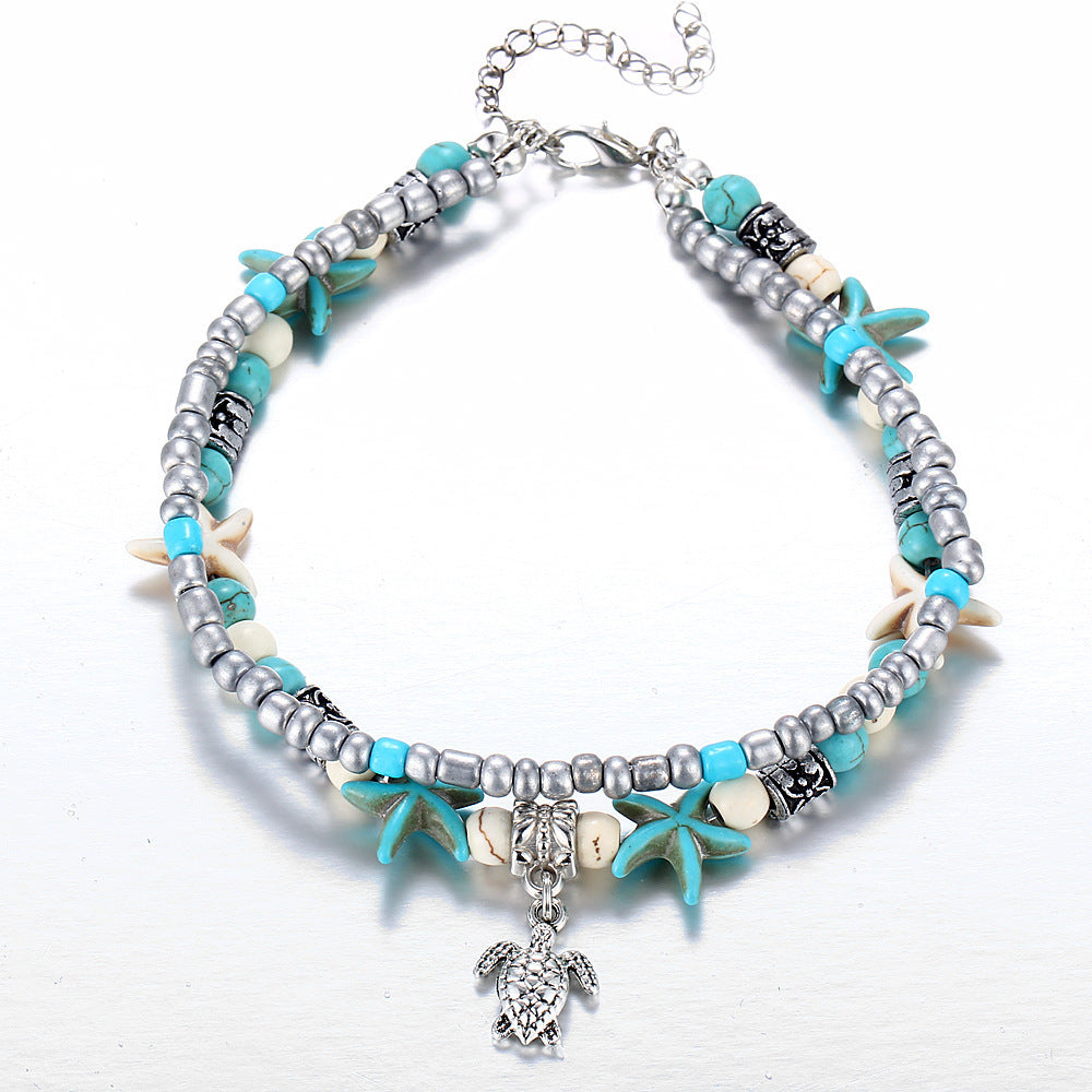 Silver Turtle Anklet with Sea Shells - Calypso-Nora Luxe