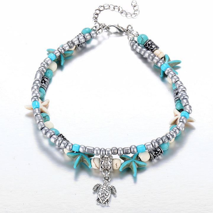 Silver Turtle Anklet with Sea Shells - Calypso-Nora Luxe