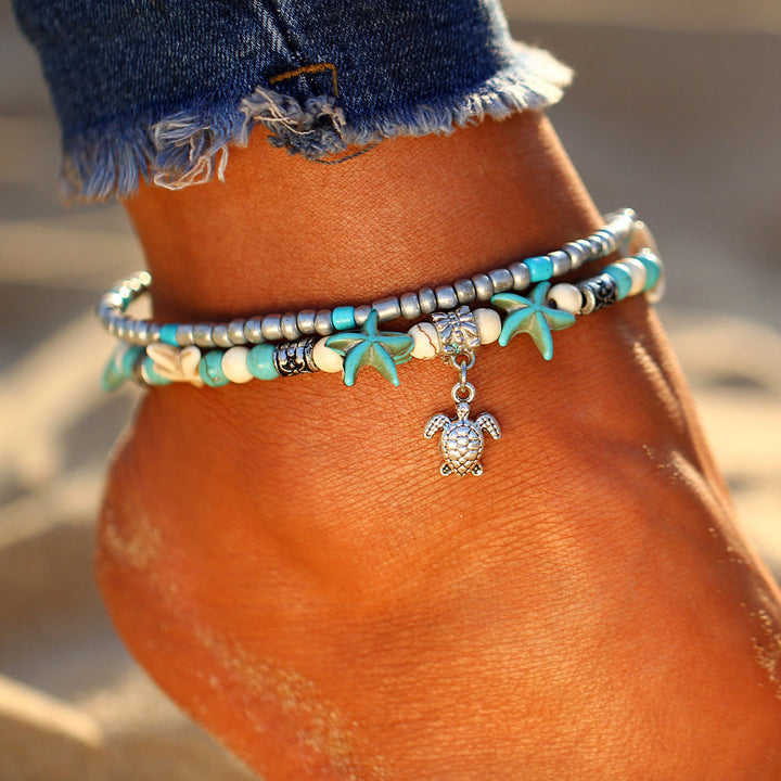 Silver Turtle Anklet with Sea Shells - Calypso-Nora Luxe