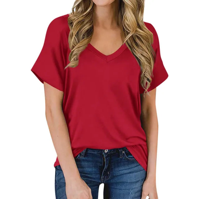 Simple V-neck T-shirt - Luna-Red-S-Nora Luxe