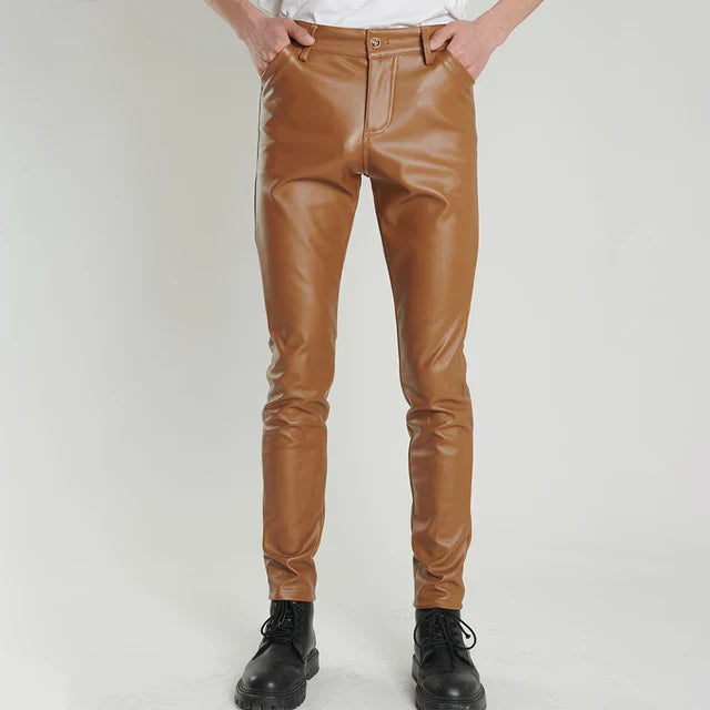 Skinny Fit Elastic Leather Trousers for Men - Lars-Brown-28-Nora Luxe