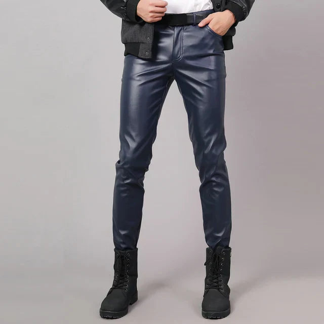 Skinny Fit Elastic Leather Trousers for Men - Lars-Dark Blue-28-Nora Luxe