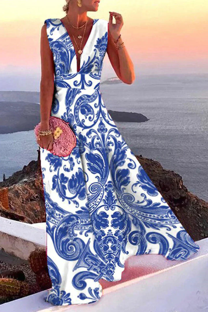 Sleeveless summer dress with print | Airy & Figure-flattering - Layla-Blue/White-S-Nora Luxe