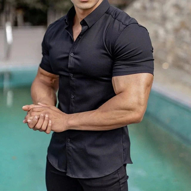 Slim Fit Men's Shirt with Short Sleeves - Luca-Black-M-The Livary
