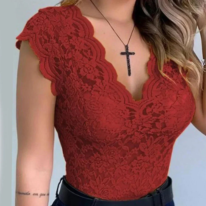 Slim Fit Sleeveless Lace Top - Elise-Red-S-Nora Luxe