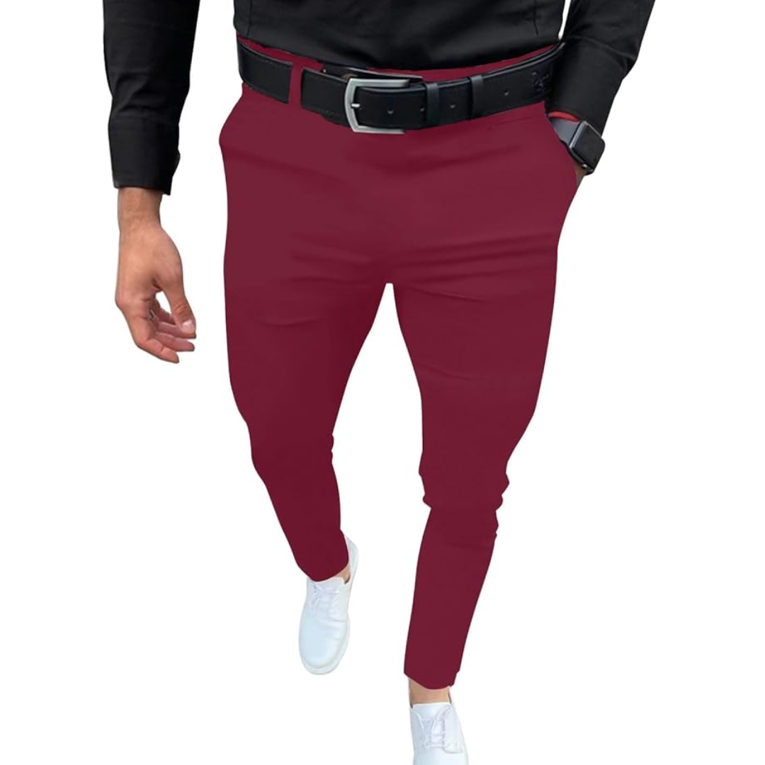Slim Fit Stretch Men's Trousers - Boaz-Bordeaux Red-S-Nora Luxe