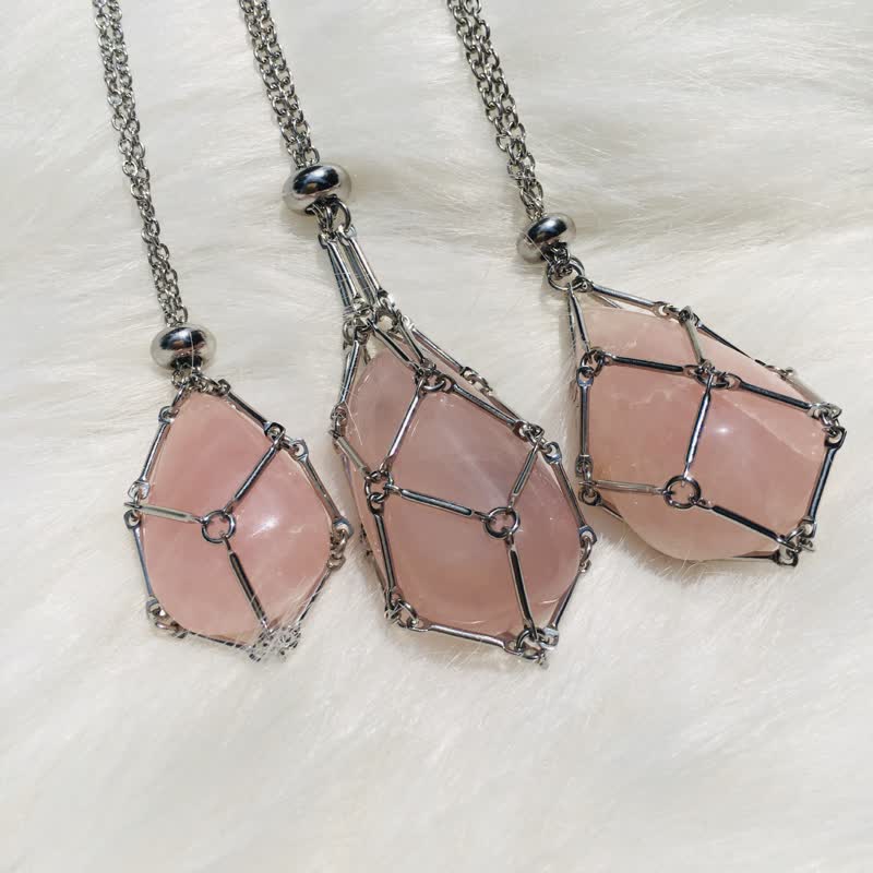 Small Natural Crystal Stone Bracelet Necklace - Iris-Rose quartz-Silver-Nora Luxe