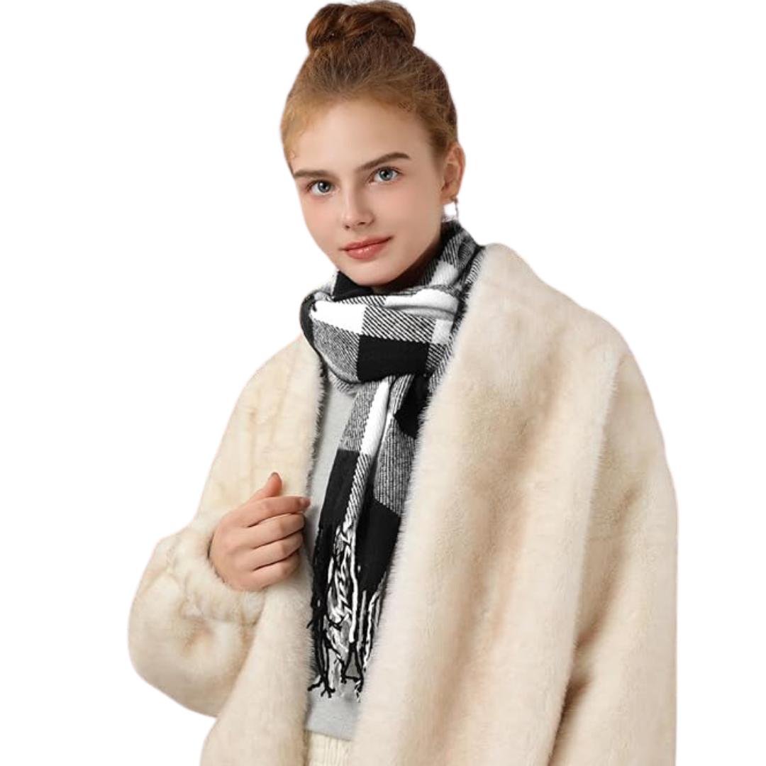 Soft Cashmere Winter Scarf - Martha-Black White Checked-Nora Luxe