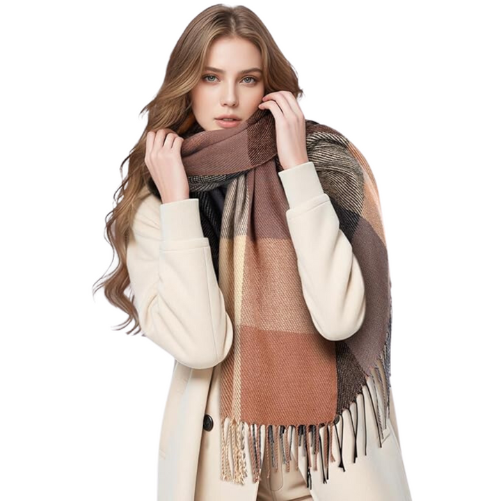 Soft Cashmere Winter Scarf - Martha-Brown Gray Checked-Nora Luxe