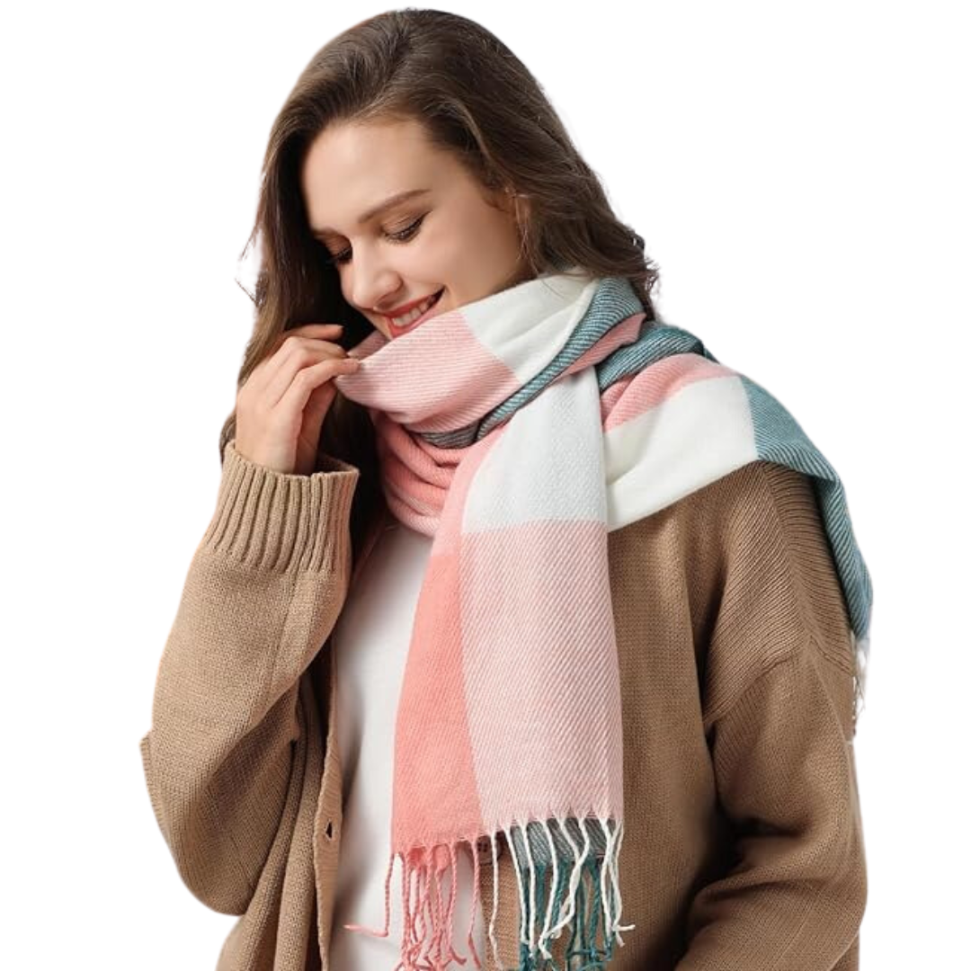 Soft Cashmere Winter Scarf - Martha-Pink Green Checked-Nora Luxe