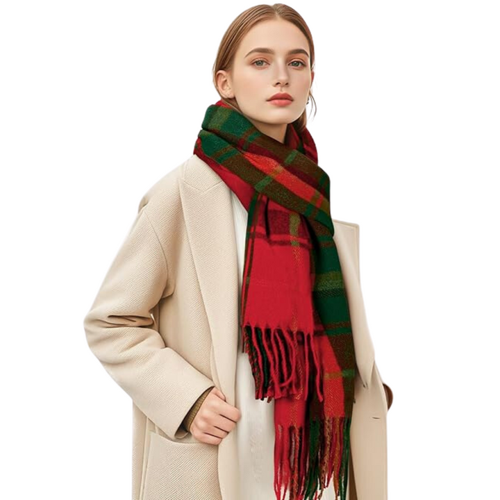 Soft Cashmere Winter Scarf - Martha-Red & Green Checked-Nora Luxe