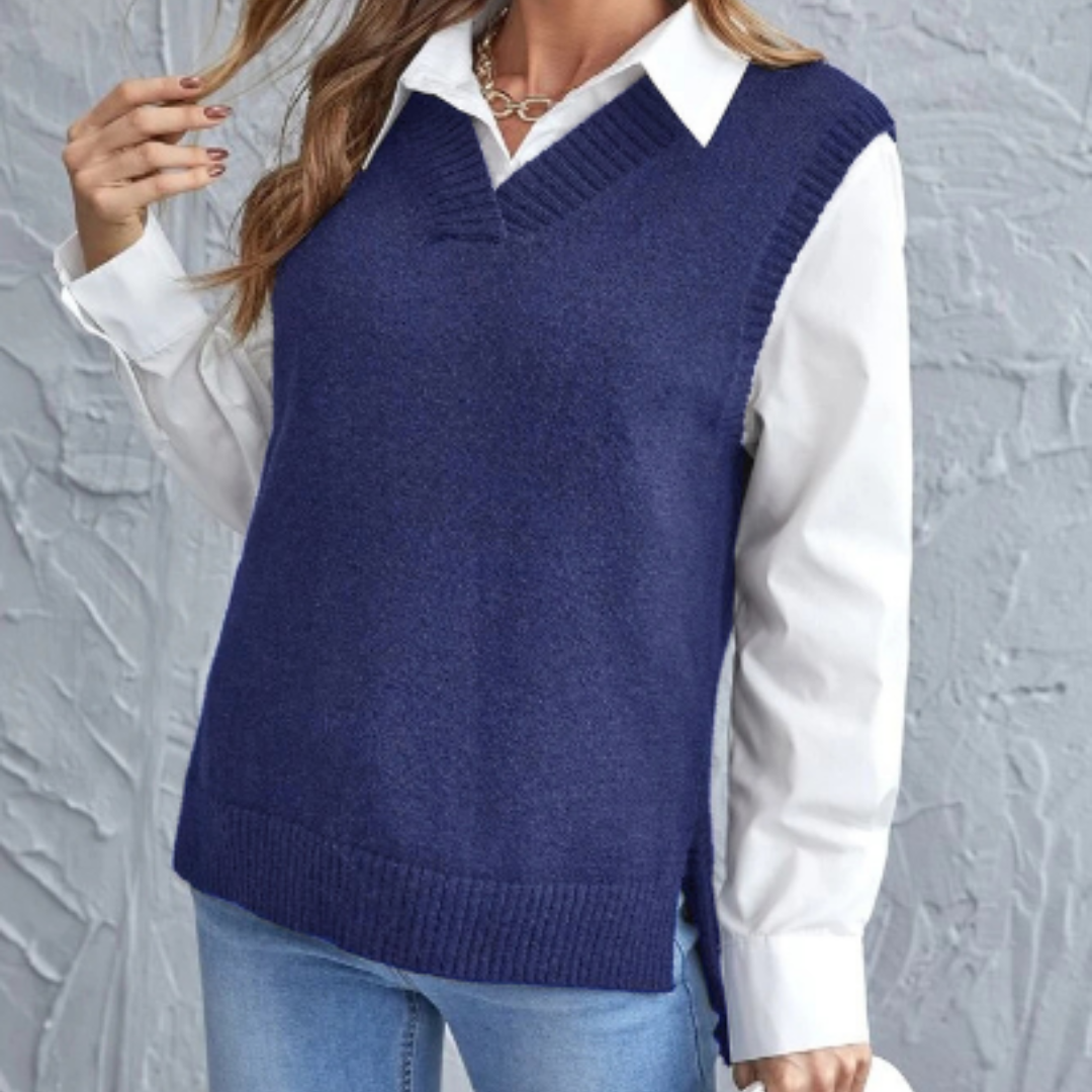 Soft Knitted Vest with V-Neck - Faye-Blue-S-Nora Luxe