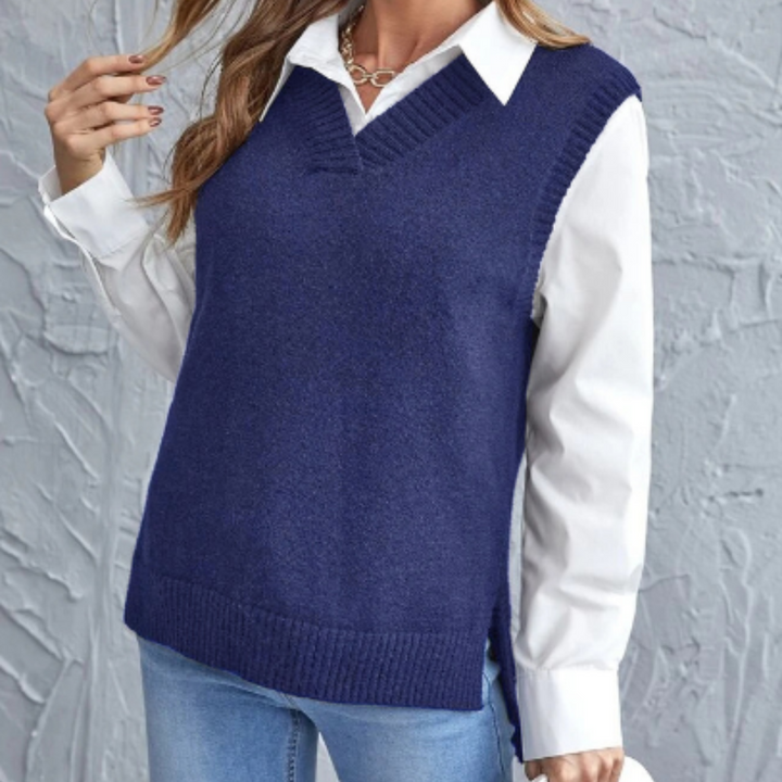 Soft Knitted Vest with V-Neck - Faye-Blue-S-Nora Luxe