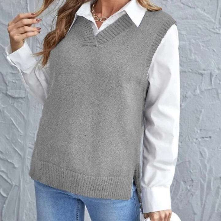 Soft Knitted Vest with V-Neck - Faye-Gray-S-Nora Luxe