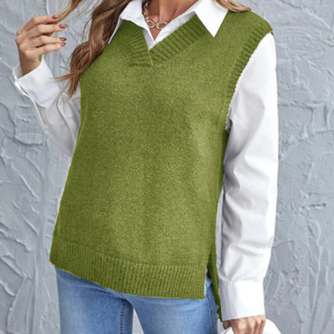 Soft Knitted Vest with V-Neck - Faye-Green-S-Nora Luxe