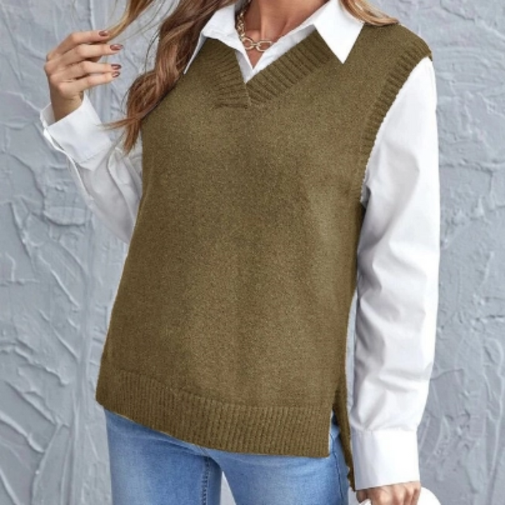 Soft Knitted Vest with V-Neck - Faye-Khaki-S-Nora Luxe