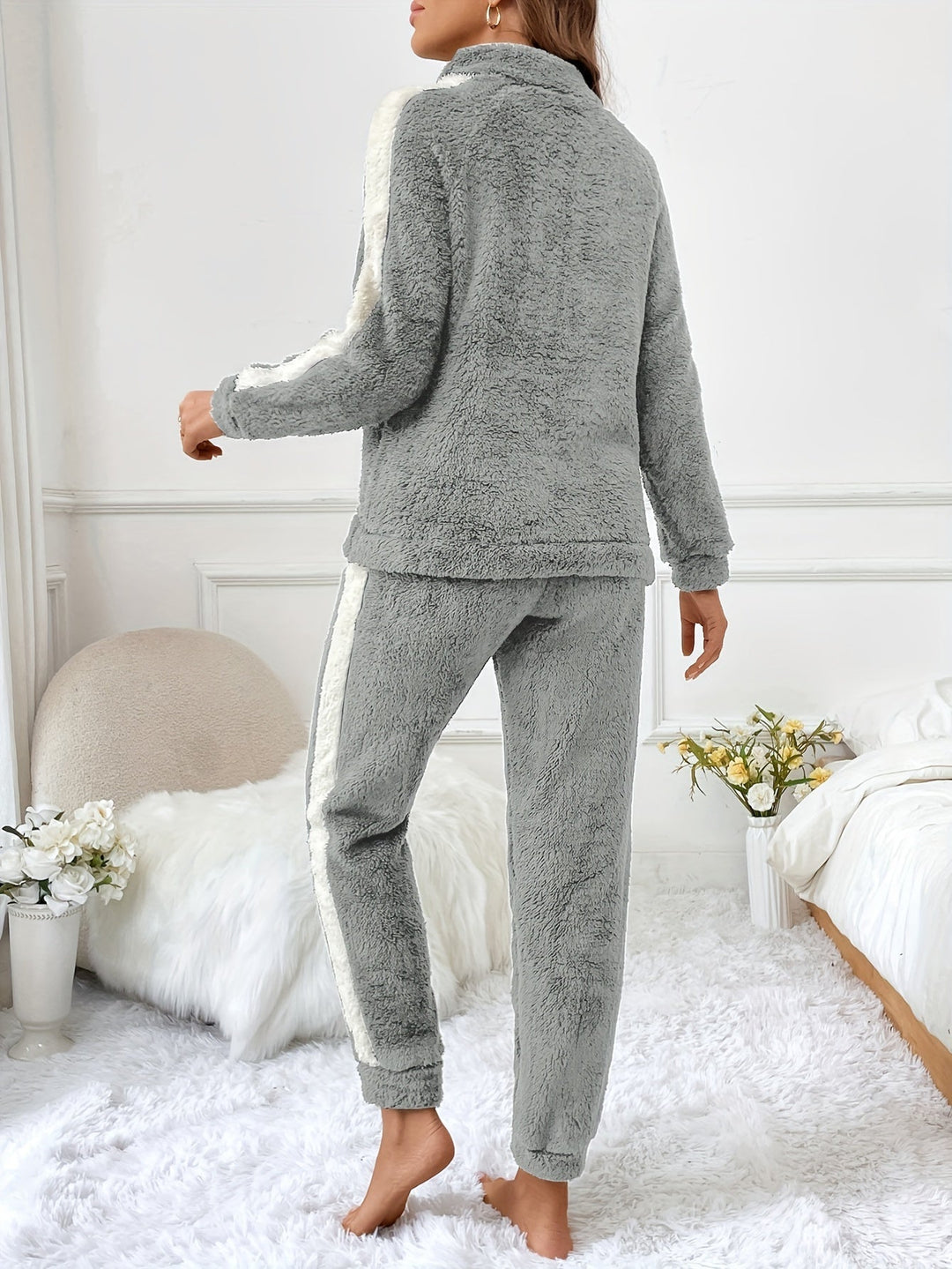 Soft Plush Lounge Pyjama Set with Colour Accents - Lyra-Brown-S-Nora Luxe