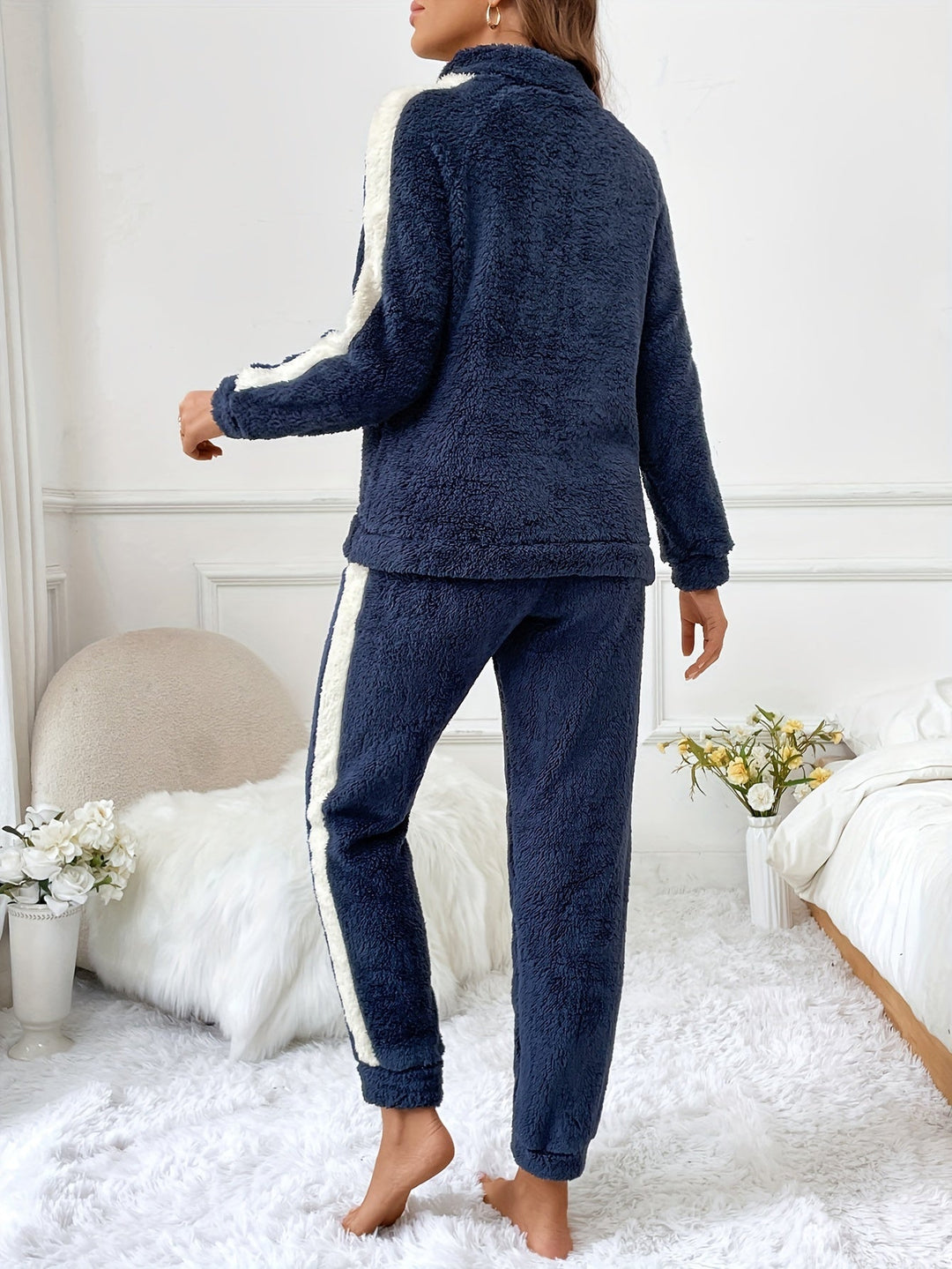 Soft Plush Lounge Pyjama Set with Colour Accents - Lyra-Brown-S-Nora Luxe