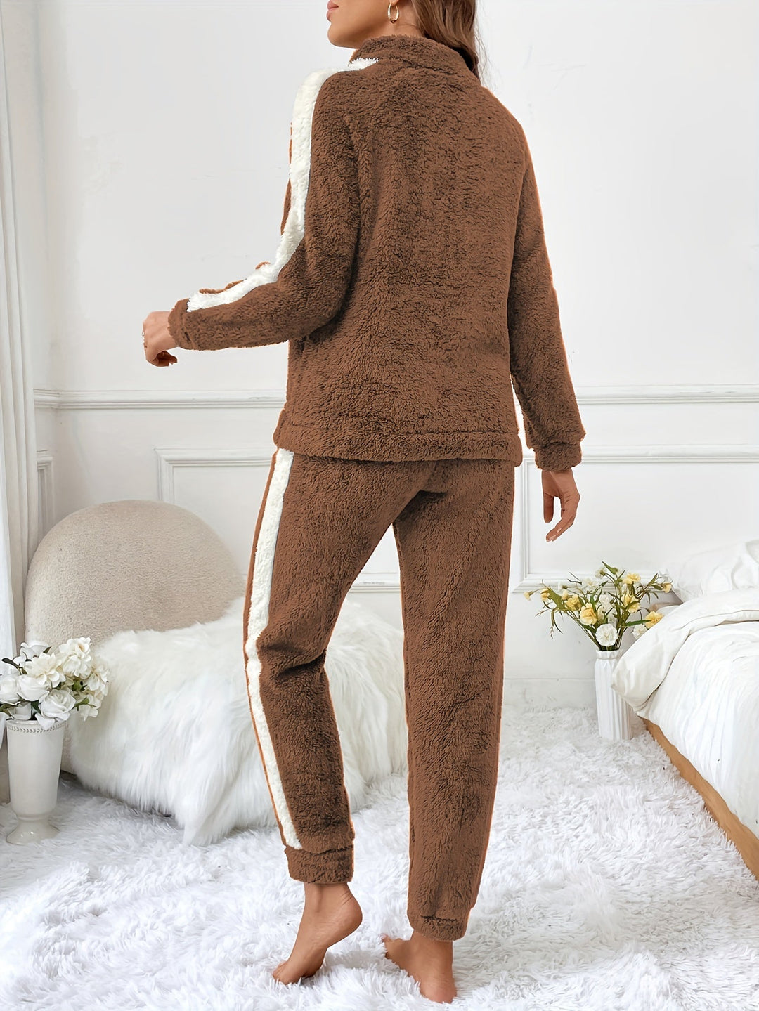 Soft Plush Lounge Pyjama Set with Colour Accents - Lyra-Brown-S-Nora Luxe