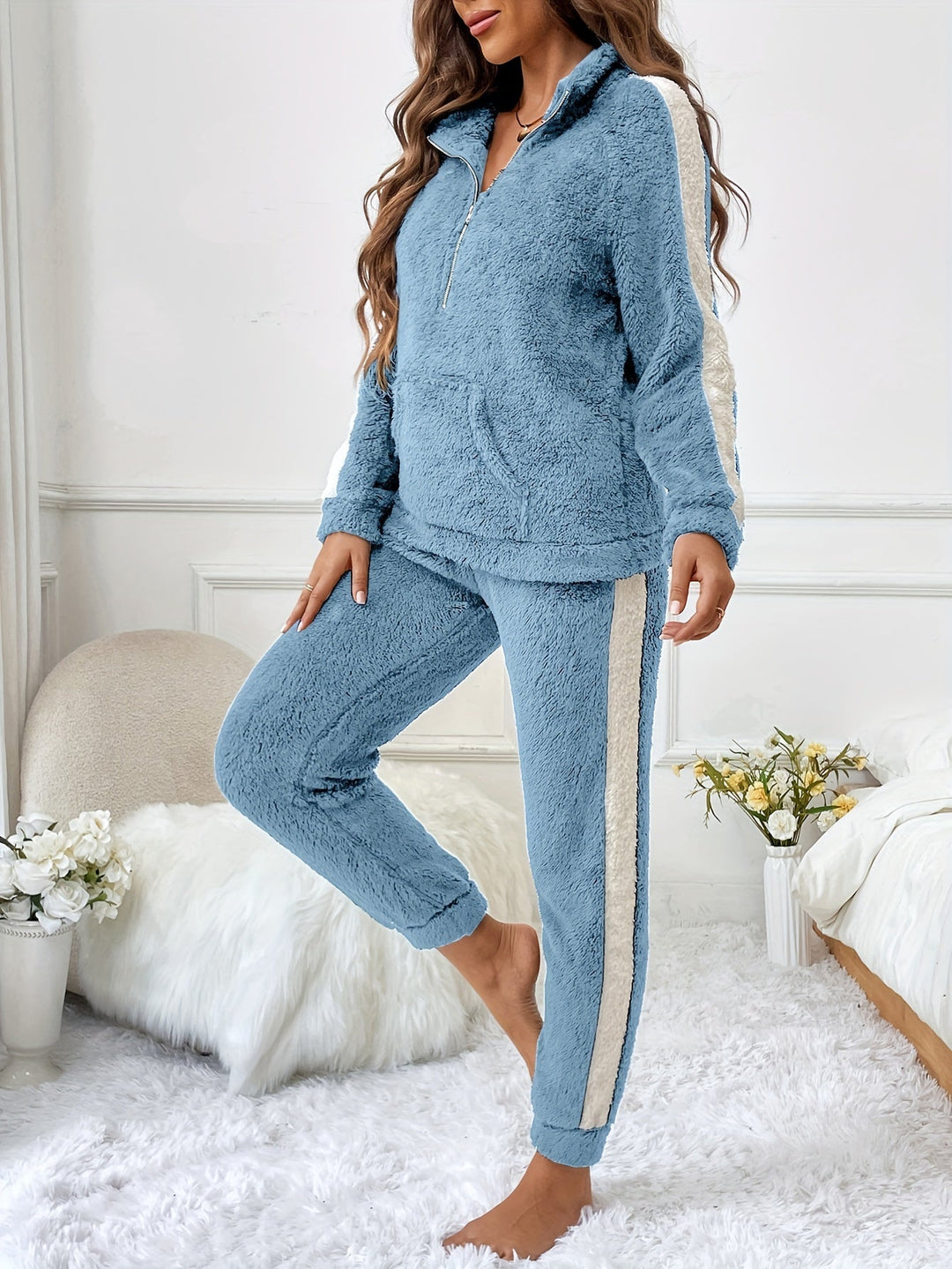 Soft Plush Lounge Pyjama Set with Colour Accents - Lyra-Light blue-S-Nora Luxe