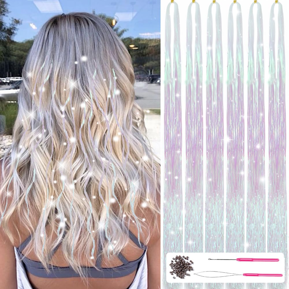 Sparkling Hair Tinsel Kit – Strands of Glitter-White Pink-Nora Luxe