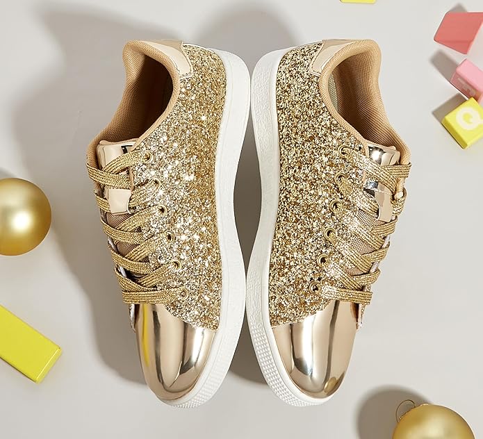 Sparkling Lace-Up Fashion Ladies Sneakers - Xenia-Gold-3.0-Nora Luxe