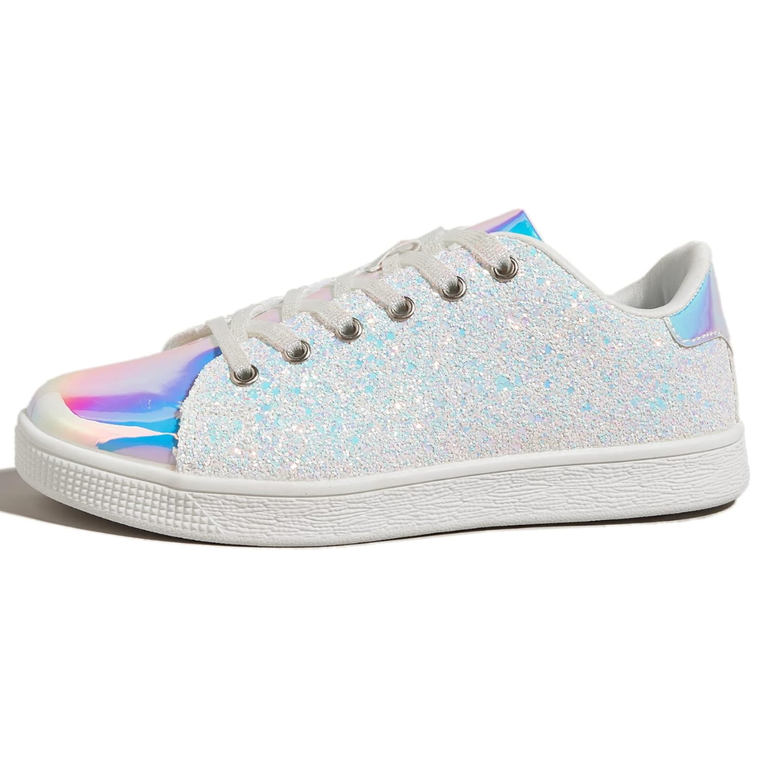 Sparkling Lace-Up Fashion Ladies Sneakers - Xenia-White Hologram-3.0-Nora Luxe