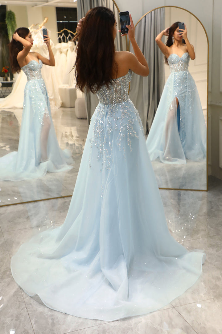 Sparkling Light Blue A-Line Corset Ball Gown with Split - Sophia-Light blue-0-Nora Luxe