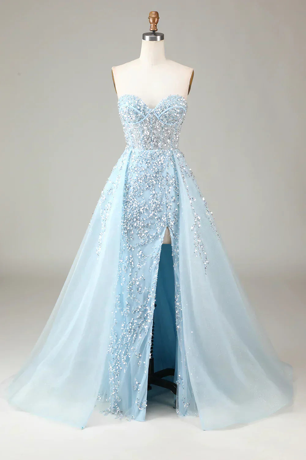 Sparkling Light Blue A-Line Corset Ball Gown with Split - Sophia-Light blue-0-Nora Luxe