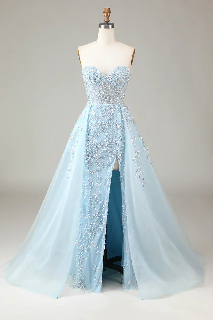 Sparkling Light Blue A-Line Corset Ball Gown with Split - Sophia-Light blue-0-Nora Luxe