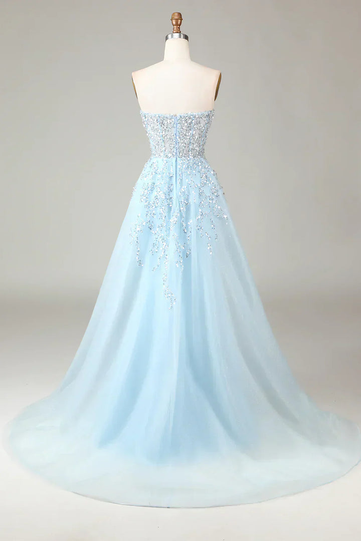 Sparkling Light Blue A-Line Corset Ball Gown with Split - Sophia-Light blue-0-Nora Luxe