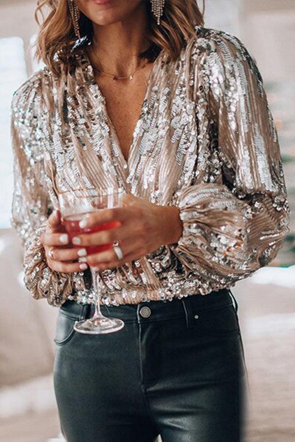 Sparkling & Stylish Women's Glitter V-Neck Long Sleeve Top – Naya-XS-Nora Luxe