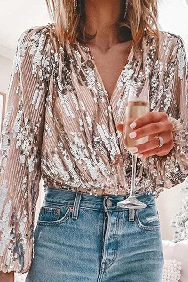 Sparkling & Stylish Women's Glitter V-Neck Long Sleeve Top – Naya-XS-Nora Luxe