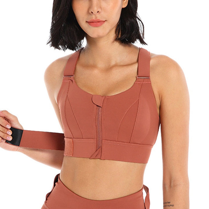 Sports bra with zip & back support – buy 1, get 1 free – Livia-Brick red-S-Nora Luxe