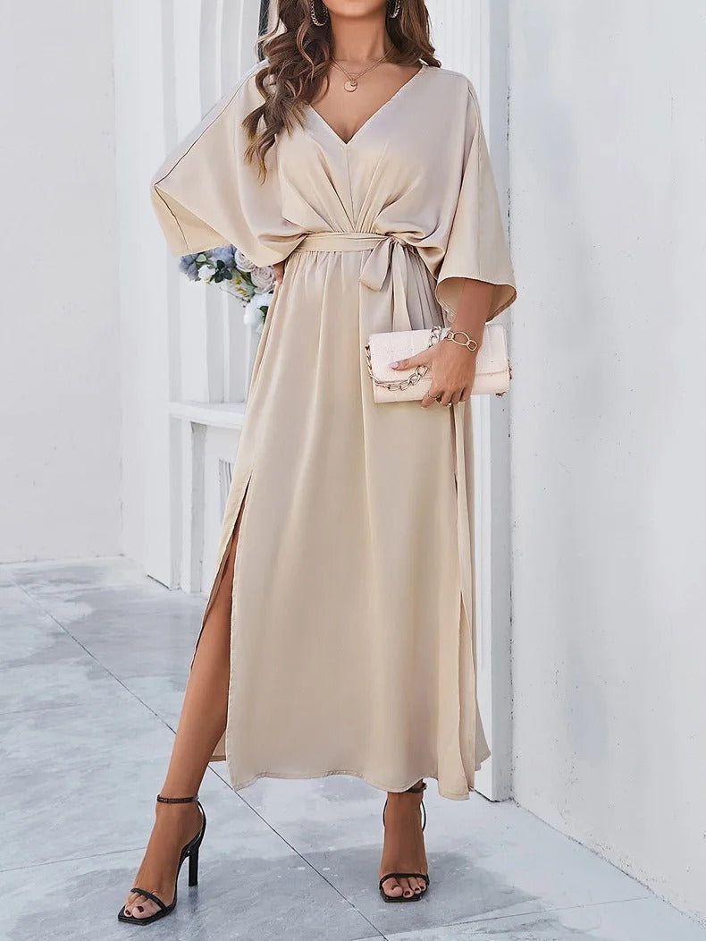 SpringFinesse - V-neck Spring Dress-Champagne-XS-Nora Luxe