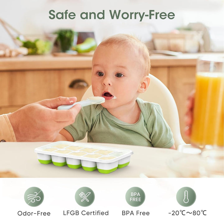 Stackable Silicone Ice Cube Trays with Storage Bin-White-Green-Nora Luxe